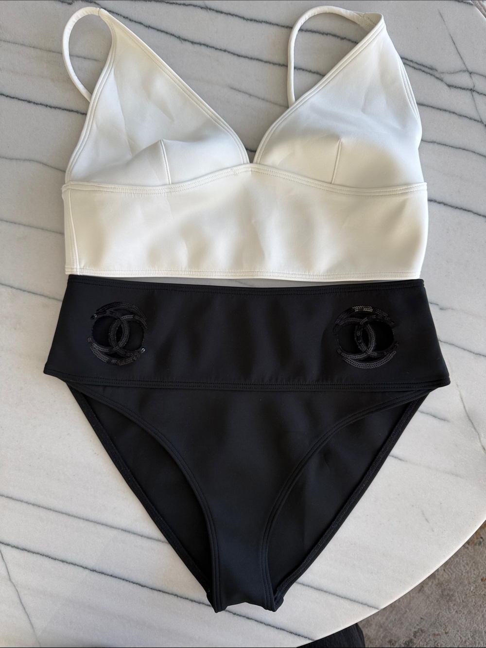 CHANEL Swimsuit 2 Pieces Bikini in White and Black with Logo Band